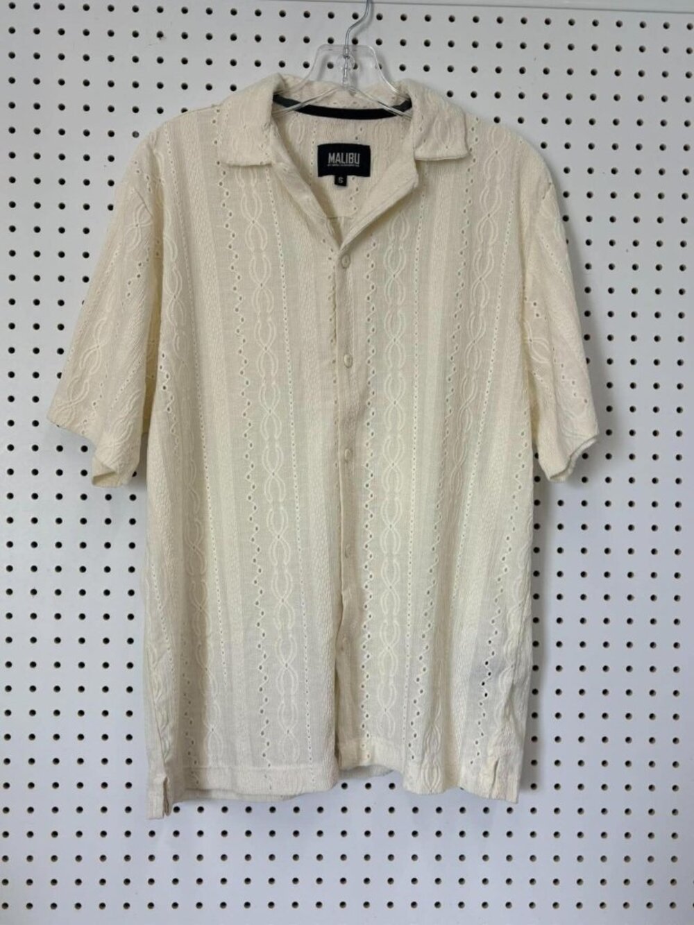 Malibu S Beige Short-Sleeve Button-Up Shirt With Textured Eyelet Pattern